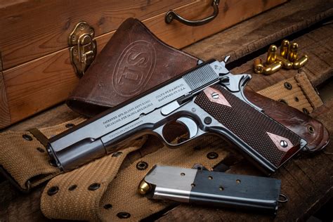 A classic 1911 pistol with a wooden grip